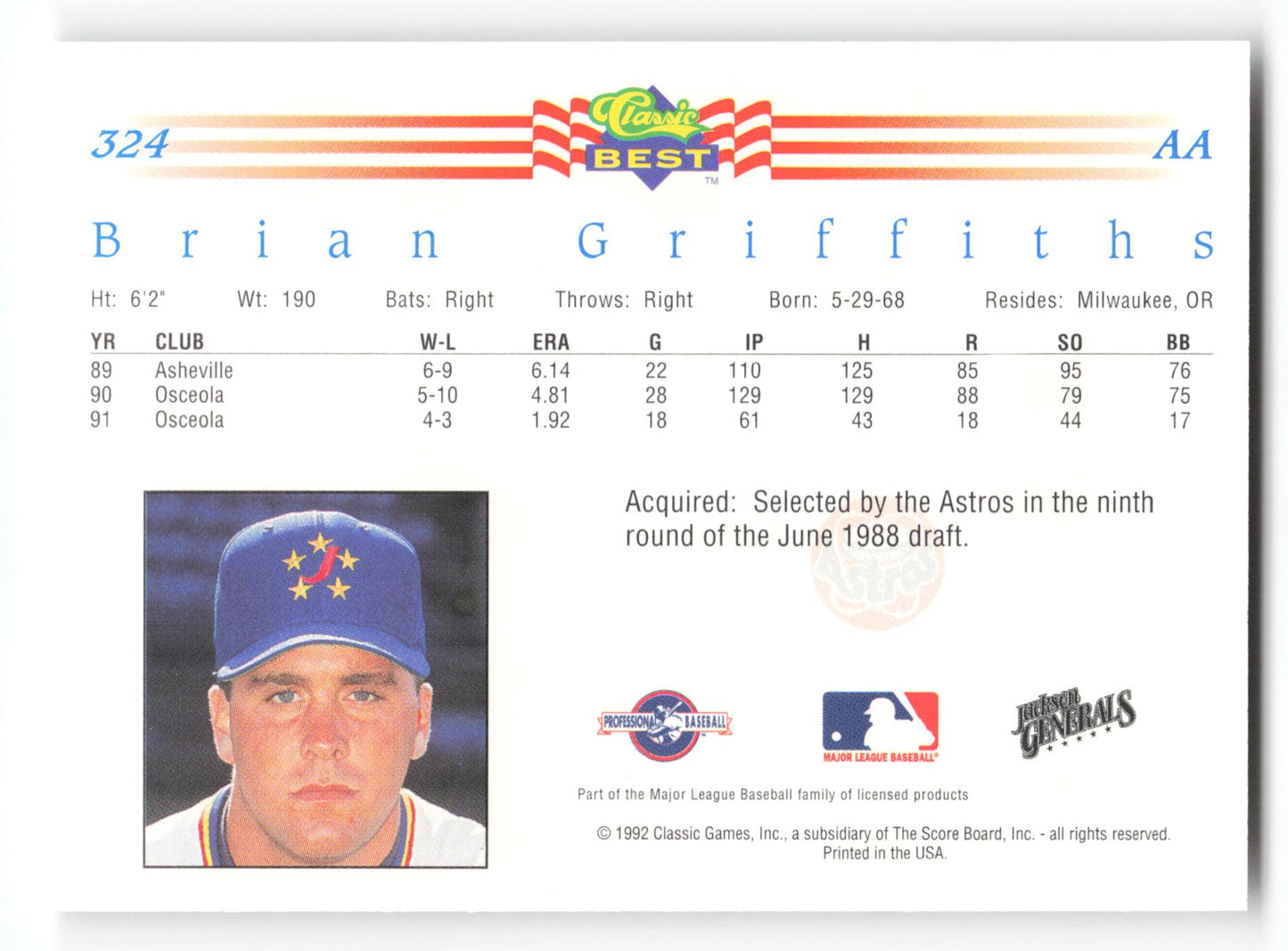 Brian Griffiths - #324 - 1992 Classic Best - MLB