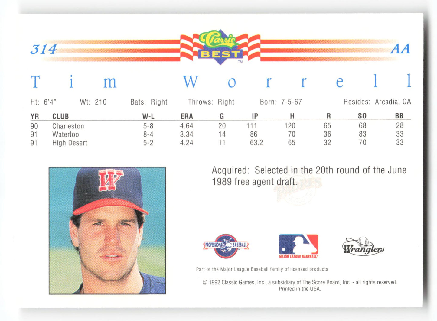 Tim Worrell - #314 - 1992 Classic Best - MLB