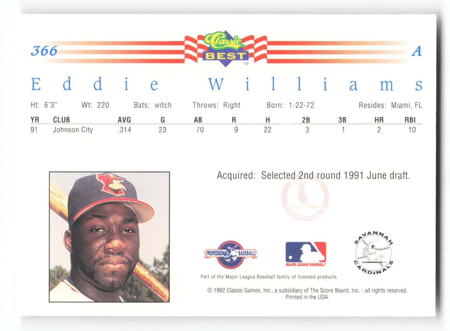 Eddie Williams - #366 - 1992 Classic Best - MLB