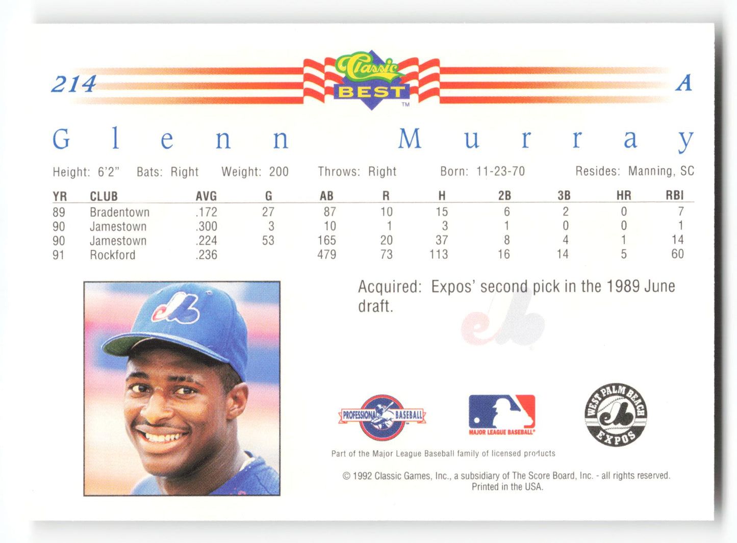 Glenn Murray - #214 - 1992 Classic Best - MLB