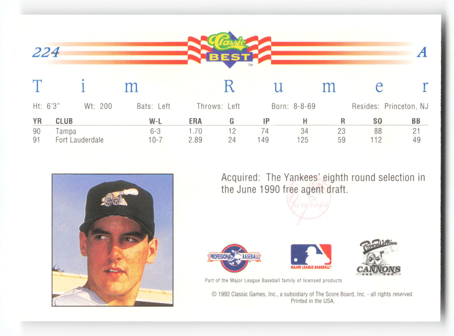 Tim Rumer - #224 - 1992 Classic Best - MLB