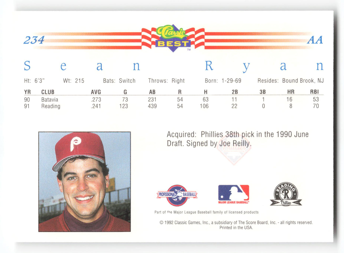 Sean Ryan - #234 - 1992 Classic Best - MLB