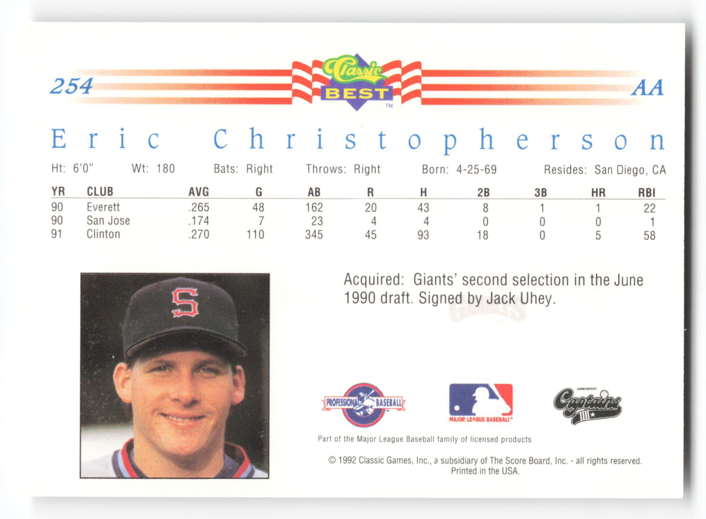 Eric Christopherson - #254 - 1992 Classic Best - MLB