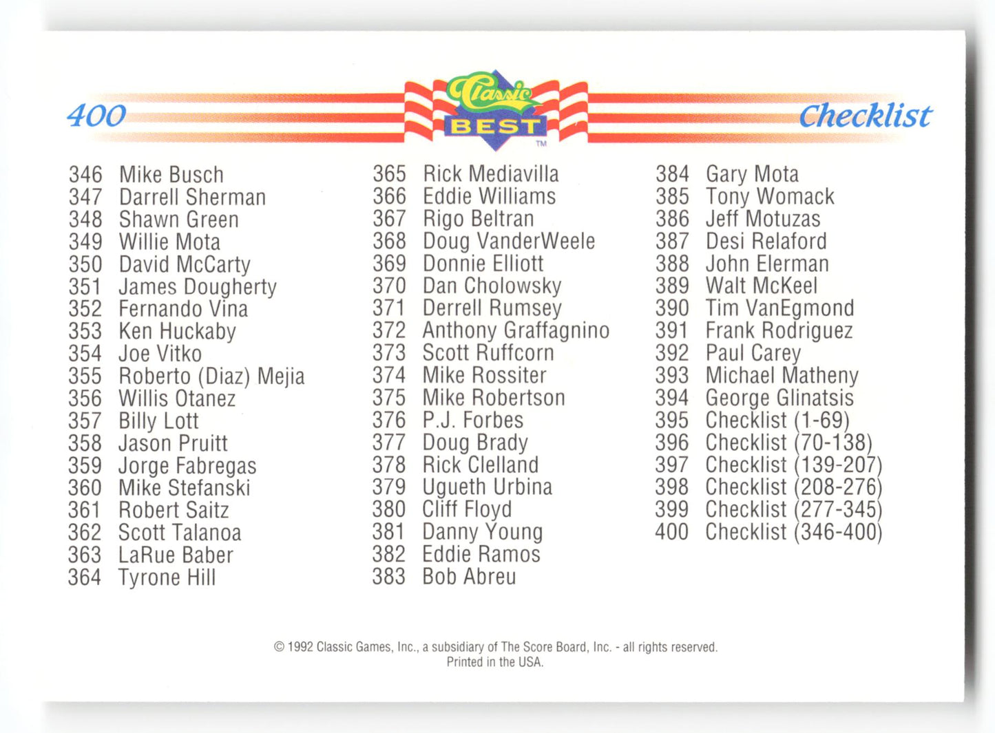 Checklist: 208-276 - #398 - 1992 Classic Best - MLB