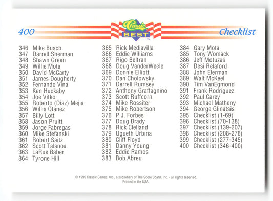Checklist: 208-276 - #398 - 1992 Classic Best - MLB