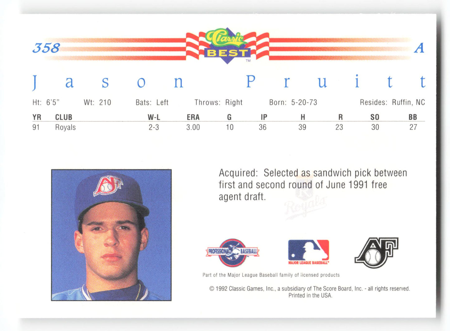 Jason Pruitt - #358 - 1992 Classic Best - MLB