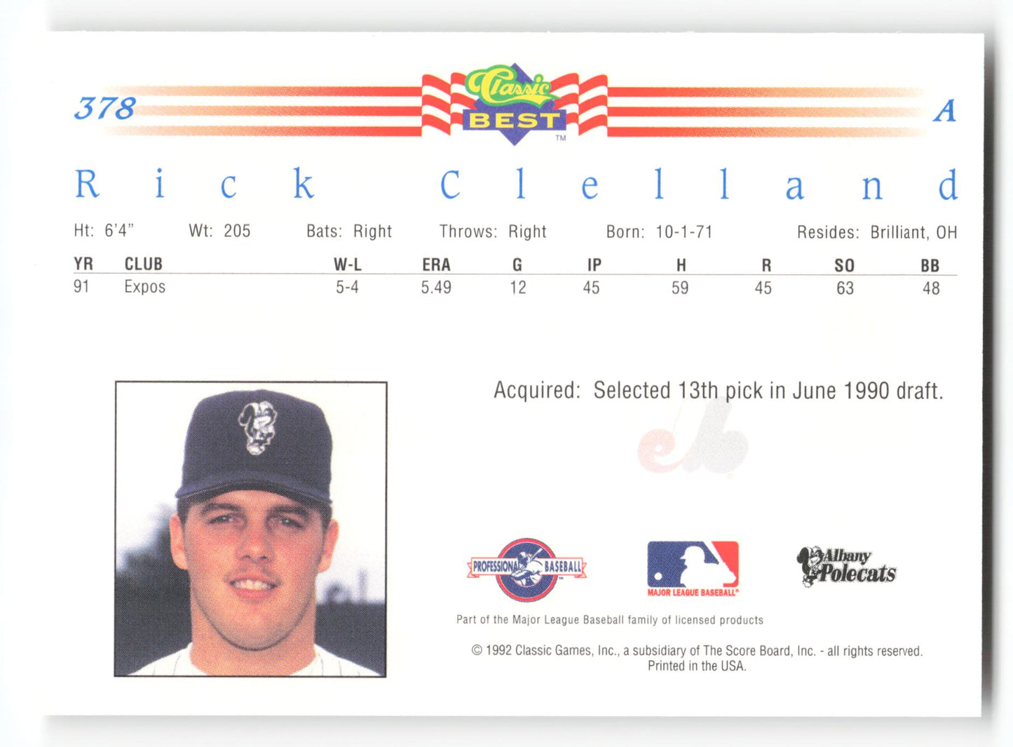 Rick Clelland - #378 - 1992 Classic Best - MLB