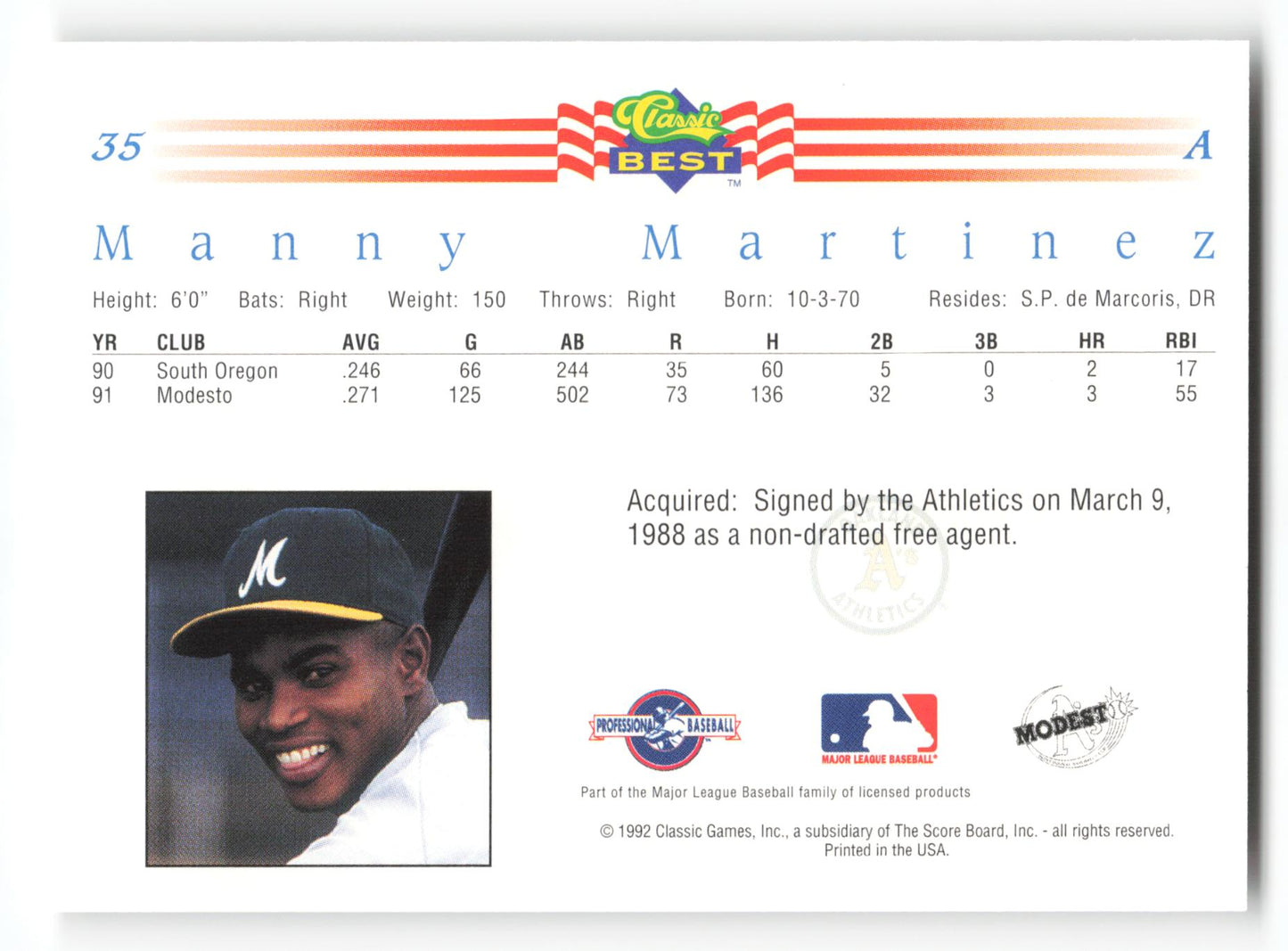 Manny Martinez - #35 - 1992 Classic Best - MLB