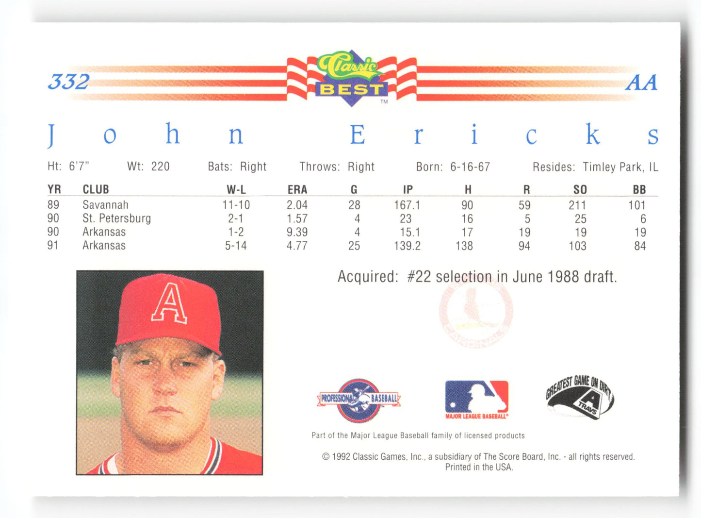 John Ericks - #332 - 1992 Classic Best - MLB