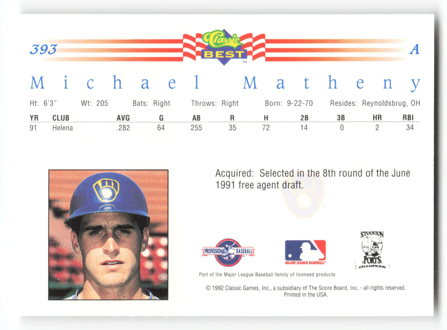 Michael Matheny - #393 - 1992 Classic Best - MLB