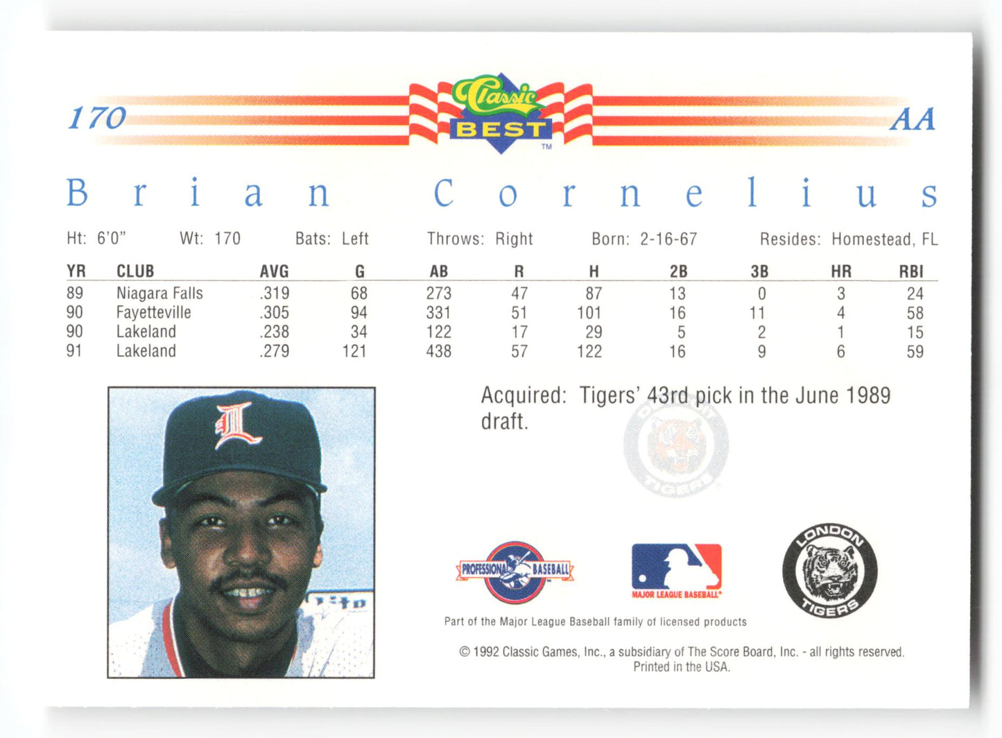 Brian Cornelius - #170 - 1992 Classic Best - MLB