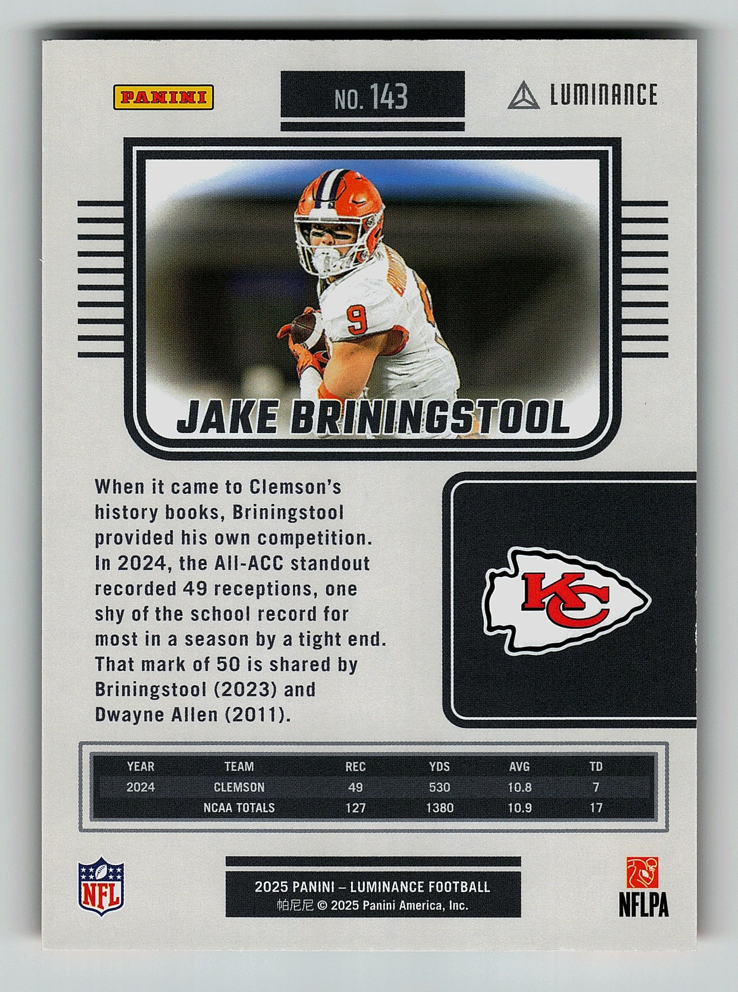 2025 Panini Luminance Orange 143 Jake Briningstool 19/50
