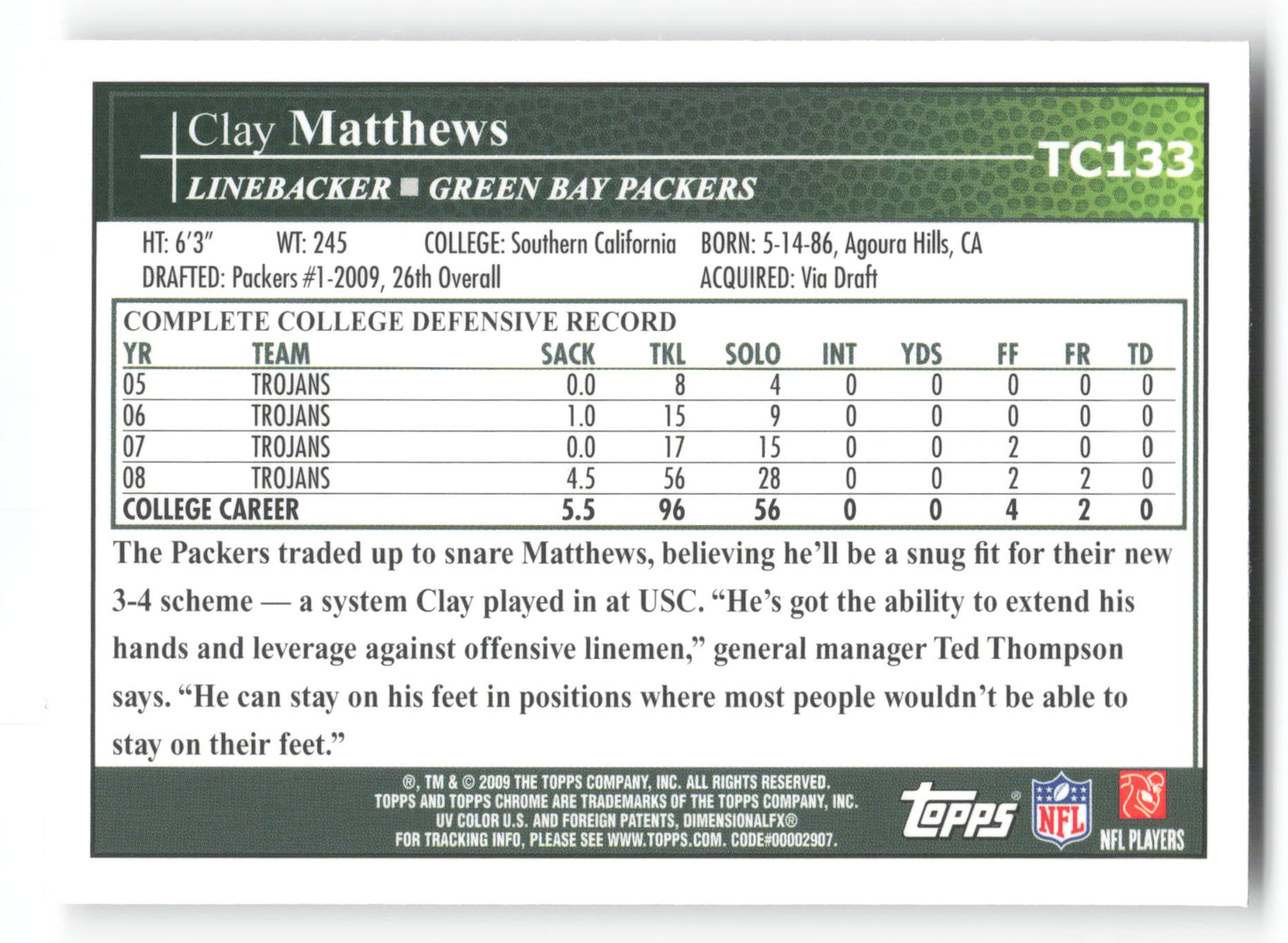 Clay Matthews - #TC133 - 2009 Topps Chrome - Topps