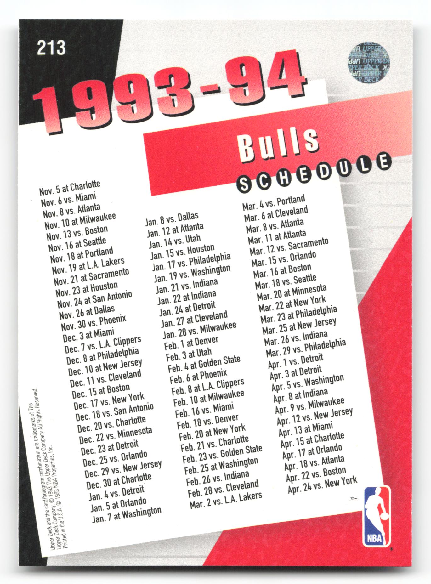 Chicago Bulls - #213 - 1993-94 Upper Deck - Upper Deck