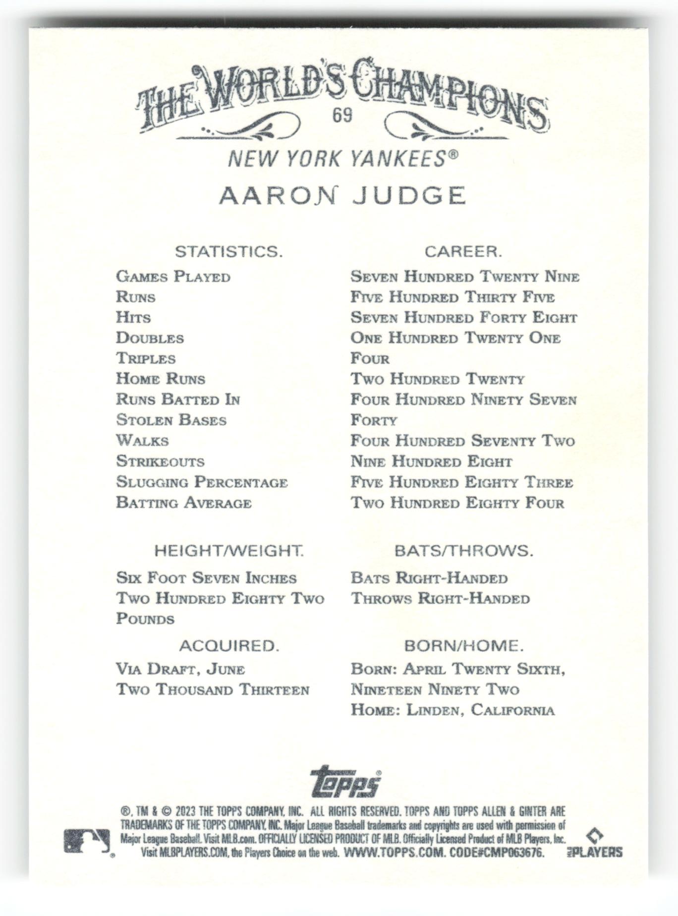Aaron Judge - #69 - 2023 Topps Allen & Ginter - Topps