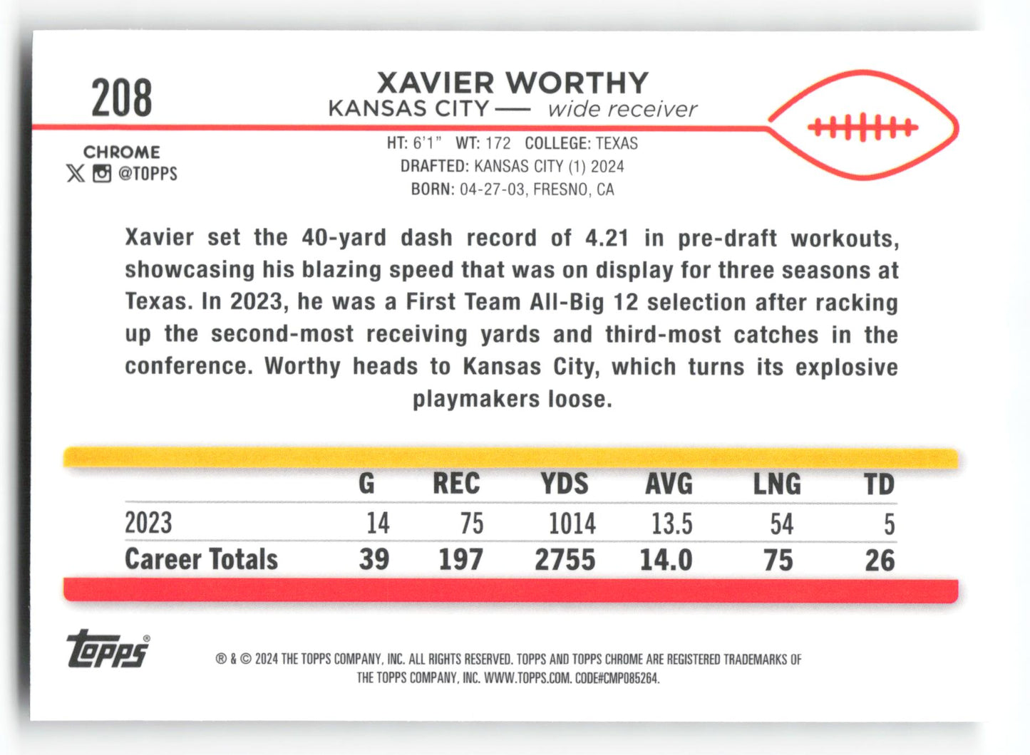 Xavier Worthy - #208 - 2024 Topps Chrome - Topps
