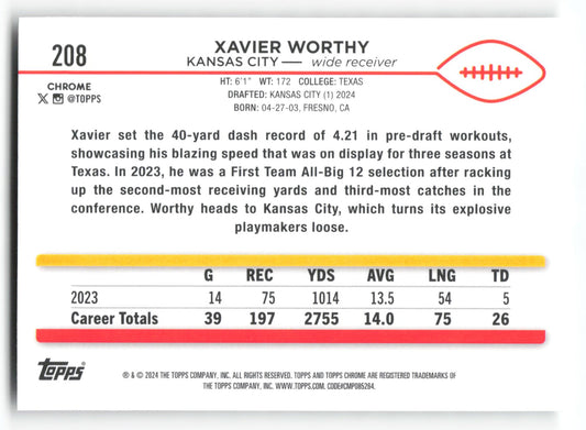 Xavier Worthy - #208 - 2024 Topps Chrome - Topps
