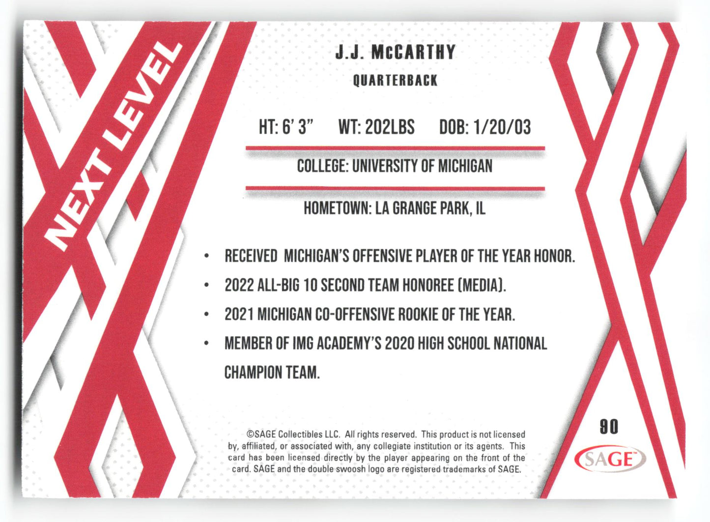 J.J. McCarthy - #90 - 2024 SAGE HIT - Sage