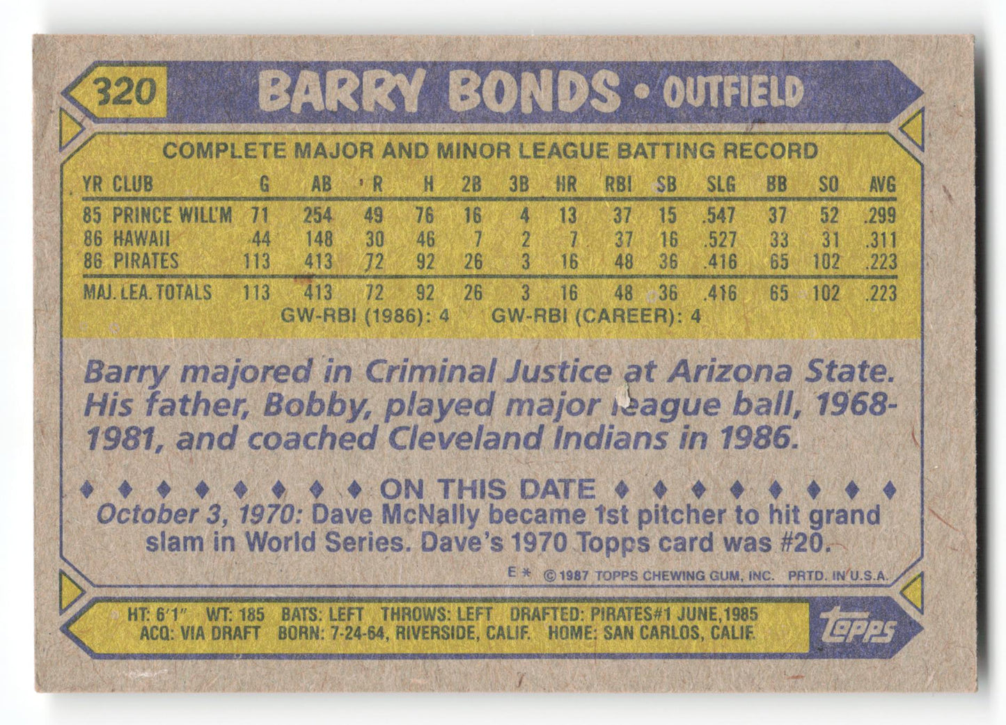 Barry Bonds - #320 - 1987 Topps - Topps