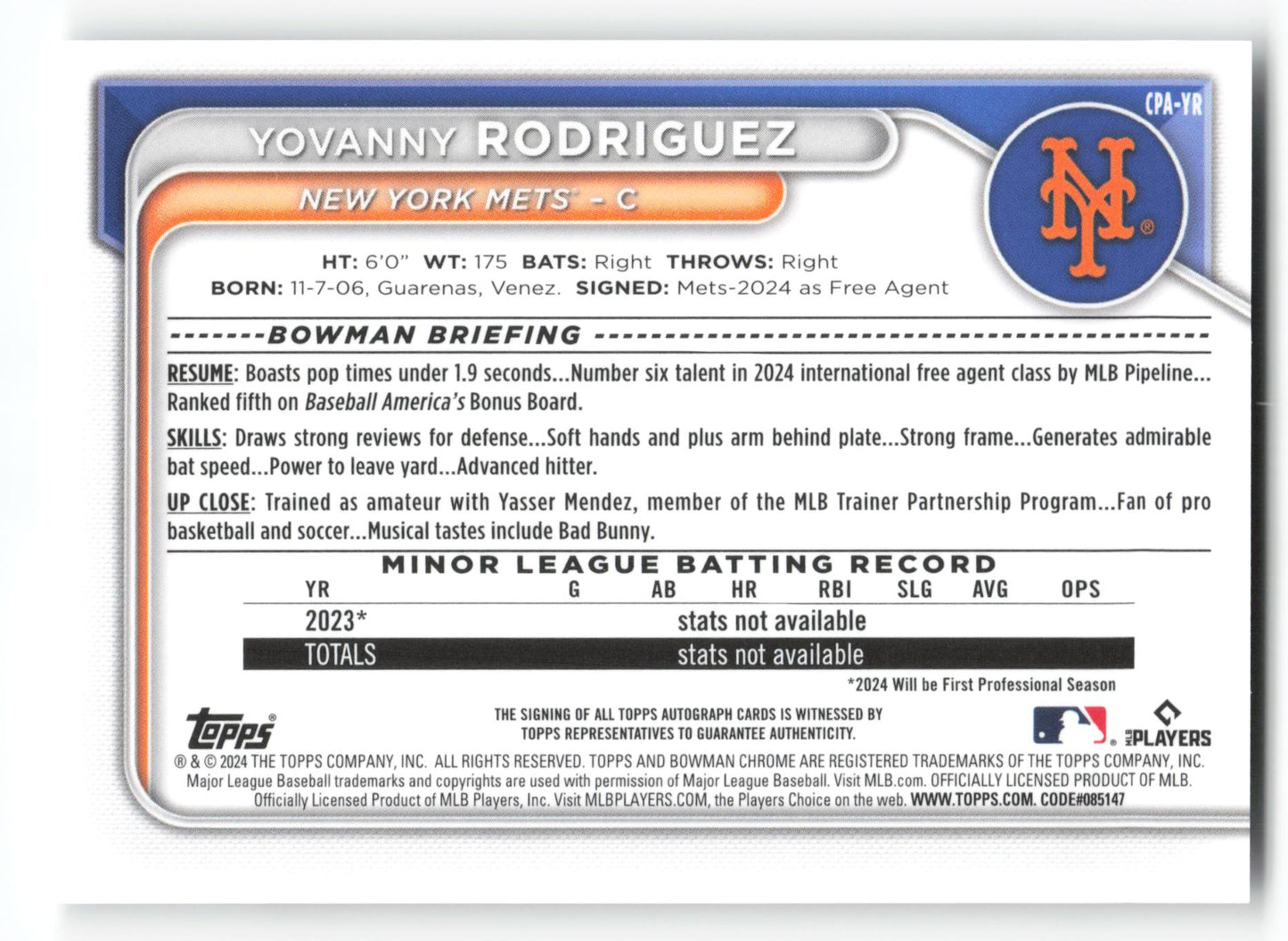 Yovanny Rodriguez - #CPA-YR - 2024 Bowman Chrome - Bowman