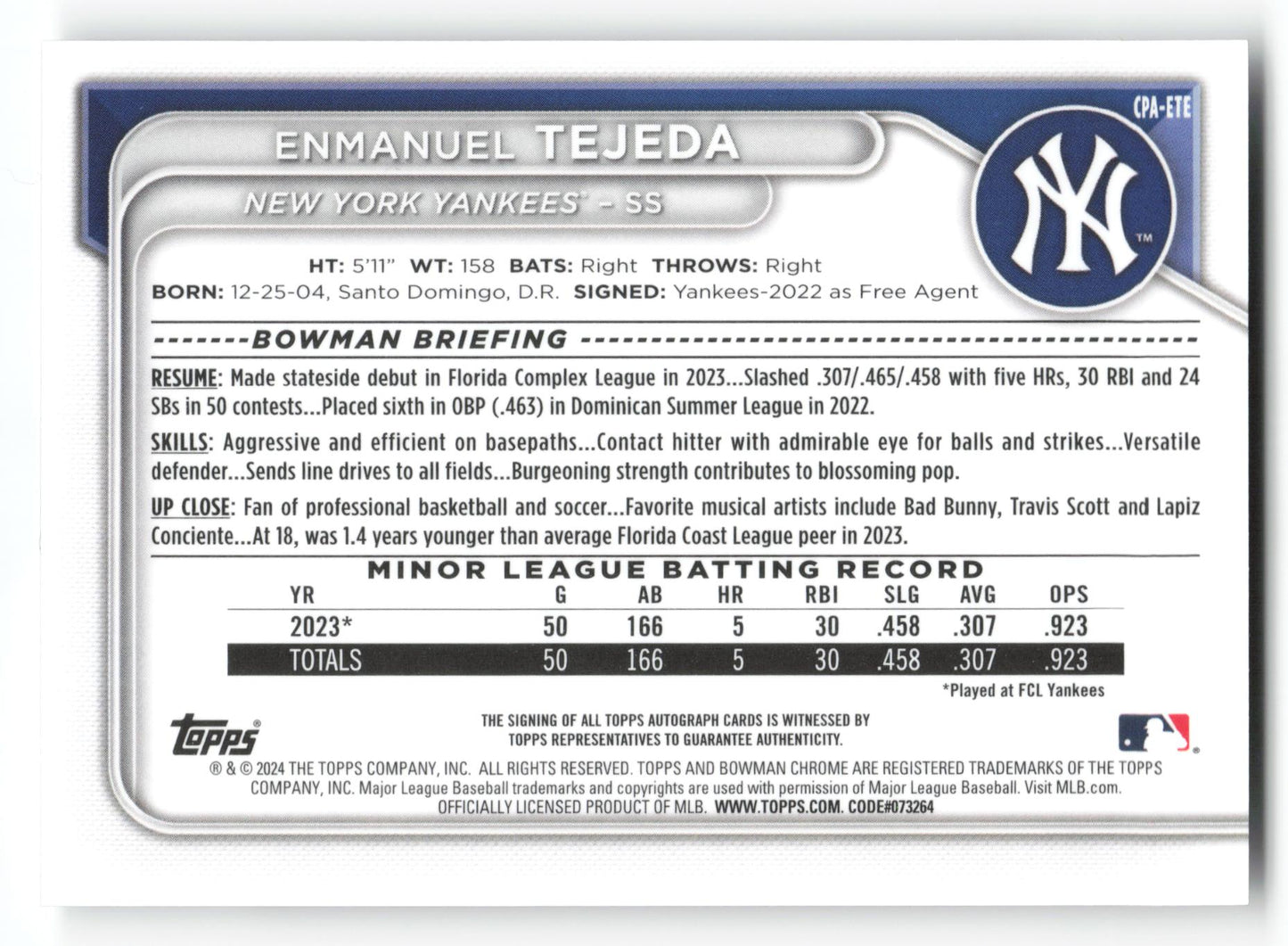 Enmanuel Tejeda - #CPA-ETE - 2024 Bowman - Bowman