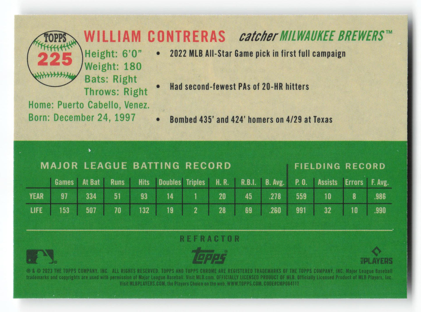 2023 Topps Chrome Platinum Anniversary #225 William Contreras Refractor