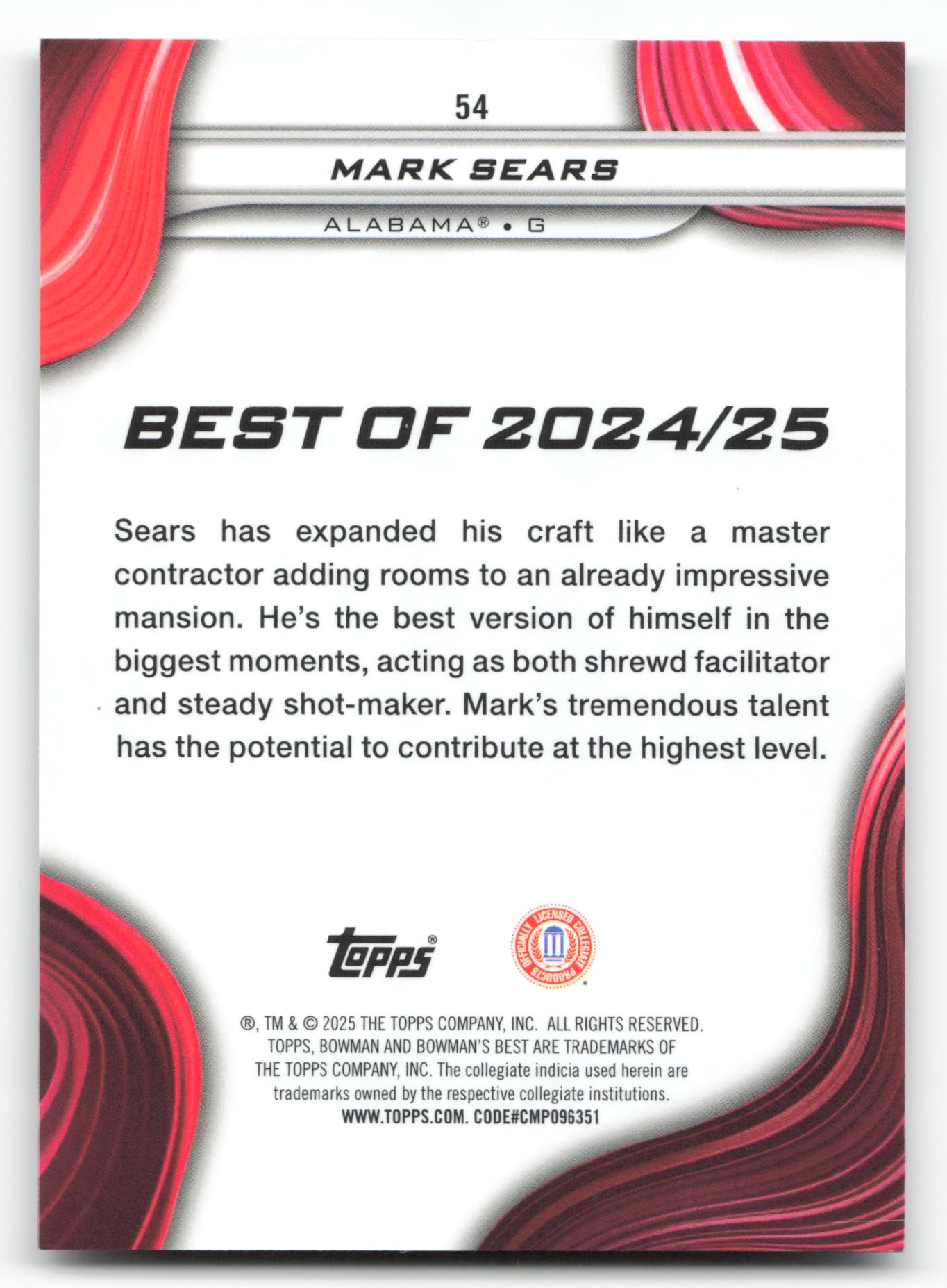Mark Sears - #54 - 2024-25 Bowman's Best University - Bowman