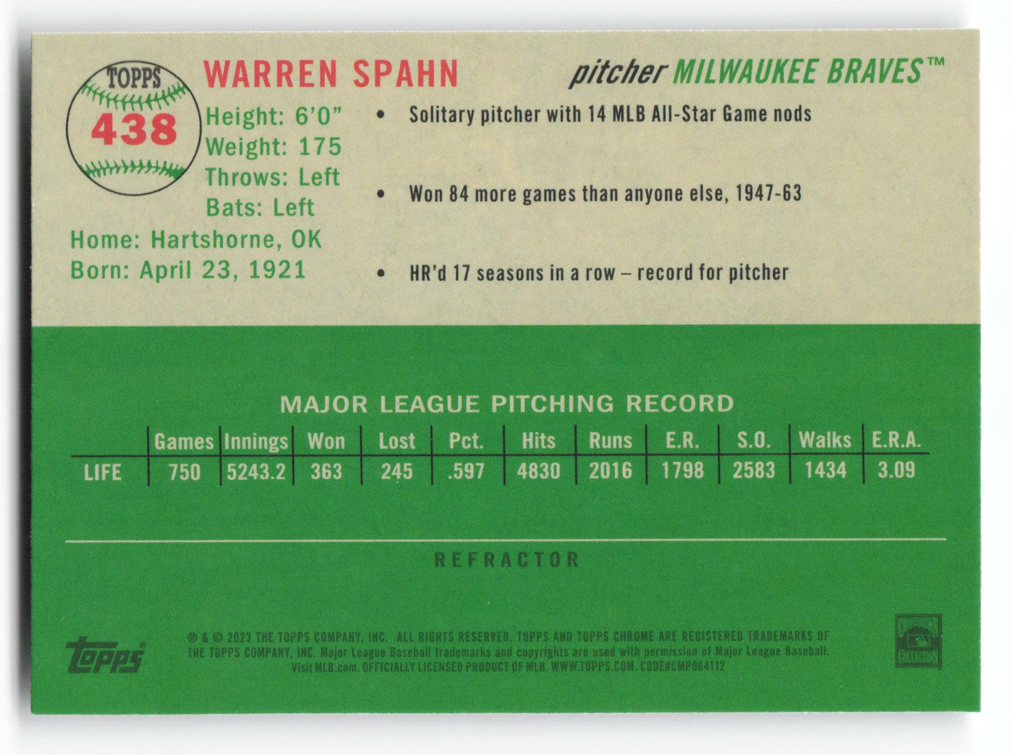 Warren Spahn - #438 - 2023 Topps Chrome Platinum Anniversary - Topps