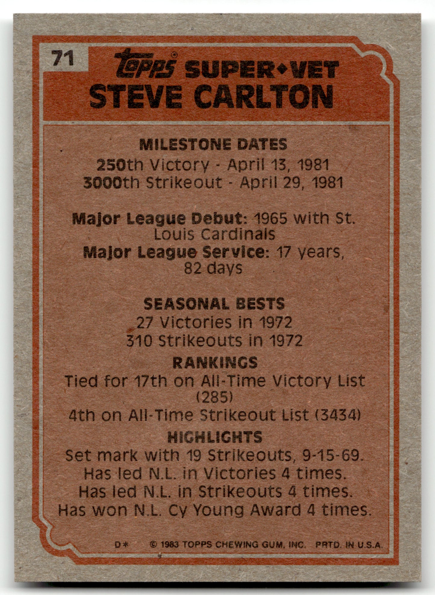 Steve Carlton - #71 - 1983 O-Pee-Chee -