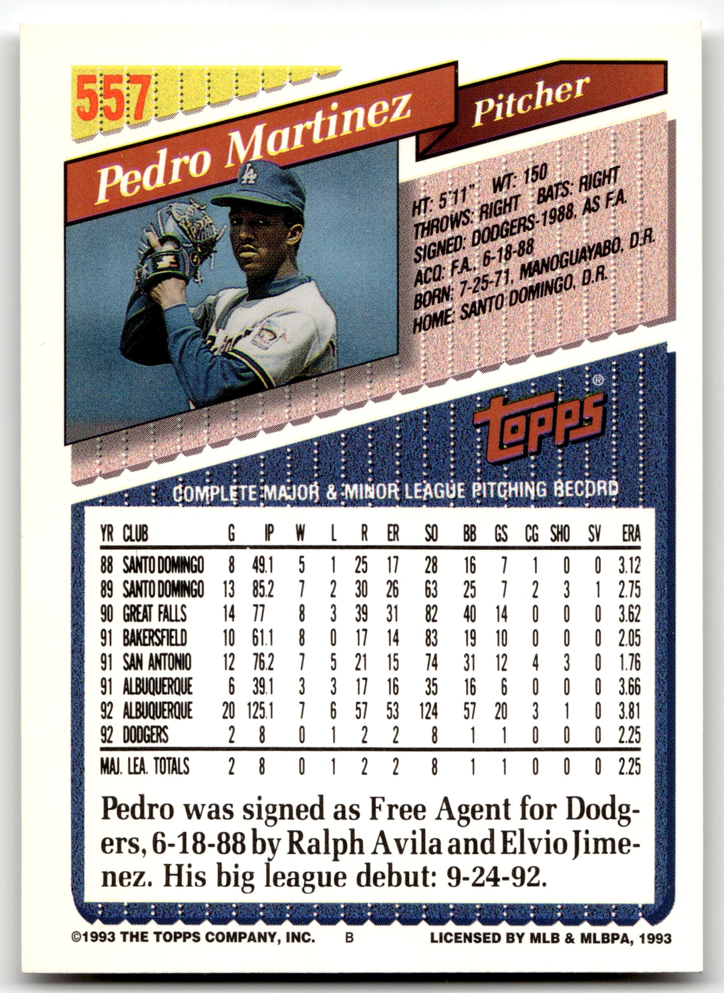Pedro Martinez - #557 - 1993 Topps - Topps