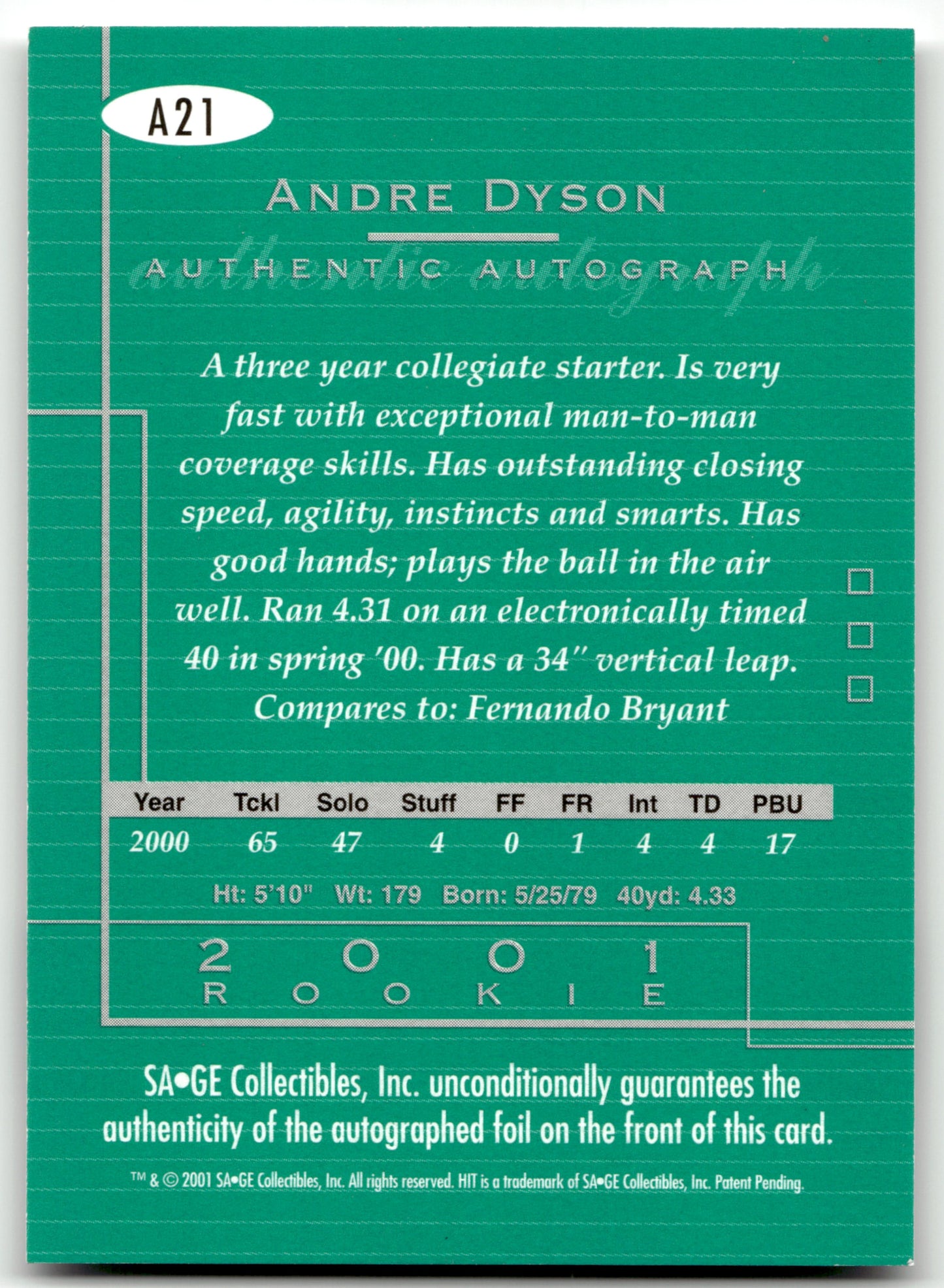 Andre Dyson - #A21 - 2001 SAGE HIT - Sage