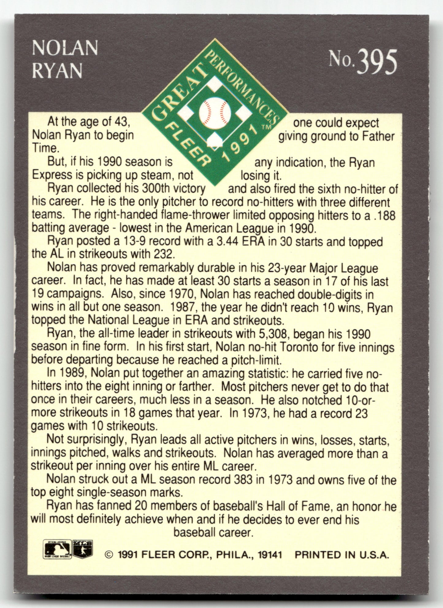 Nolan Ryan - #395 - 1991 Ultra -