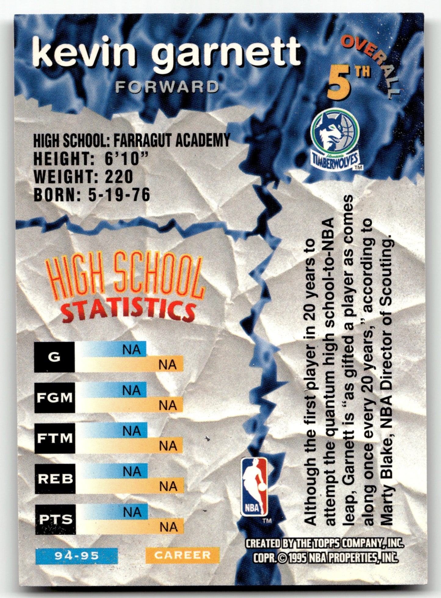 Kevin Garnett - #5 - 1995-96 Stadium Club -