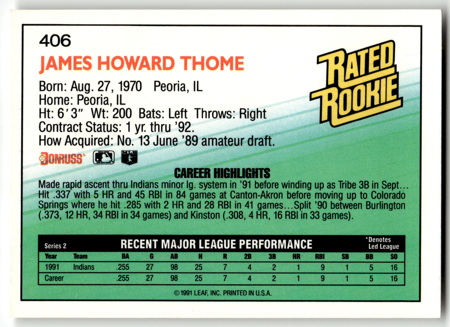 Jim Thome - #406 - 1992 Donruss - Donruss