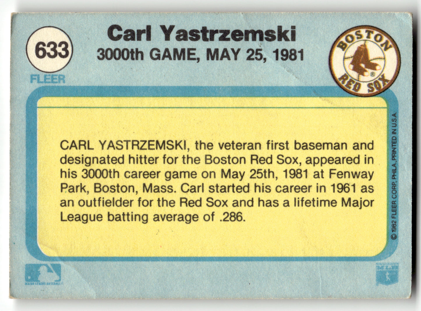 Carl Yastrzemski - #633 - 1982 Fleer - Fleer