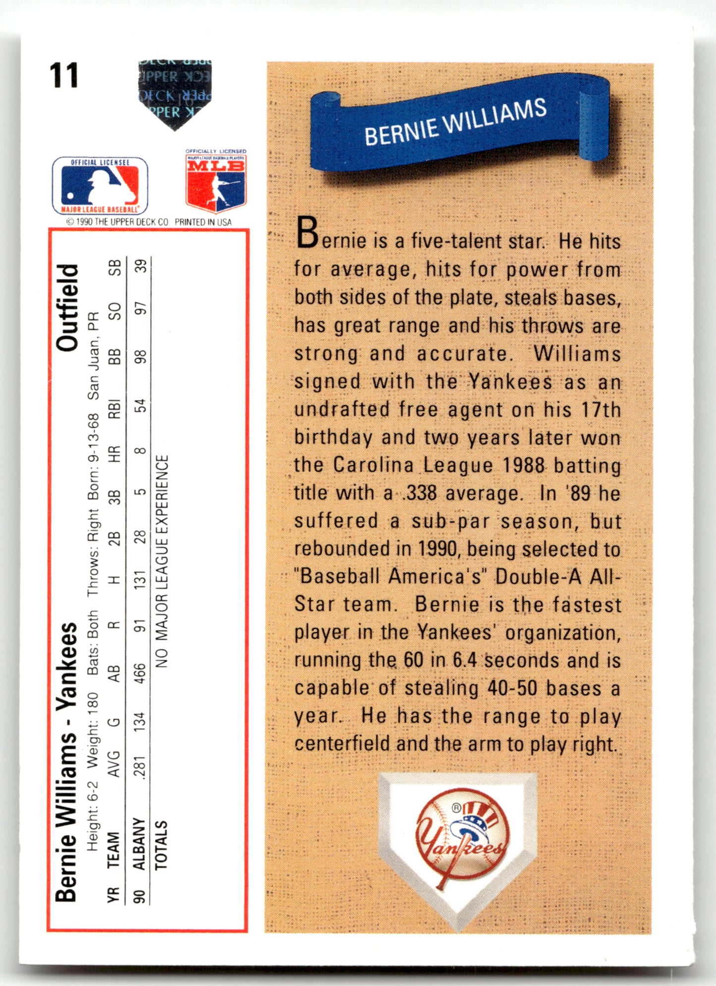 Bernie Williams - #11c - 1991 Upper Deck - Upper Deck