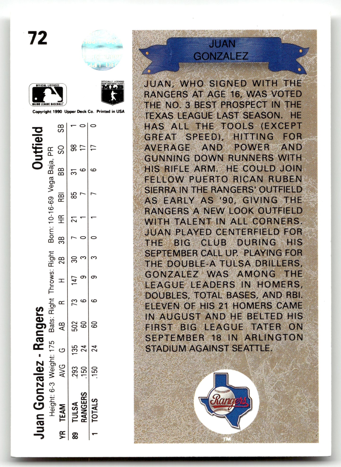 Juan Gonzalez - #72 - 1990 Upper Deck - Upper Deck