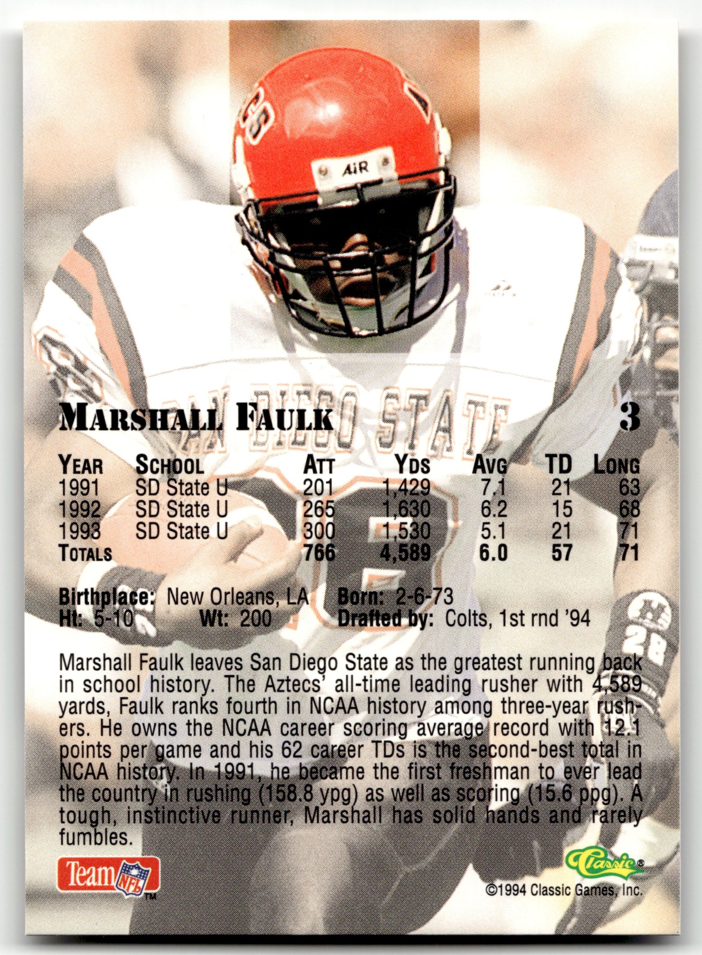 Marshall Faulk - #3 - 1994 Classic NFL Draft -