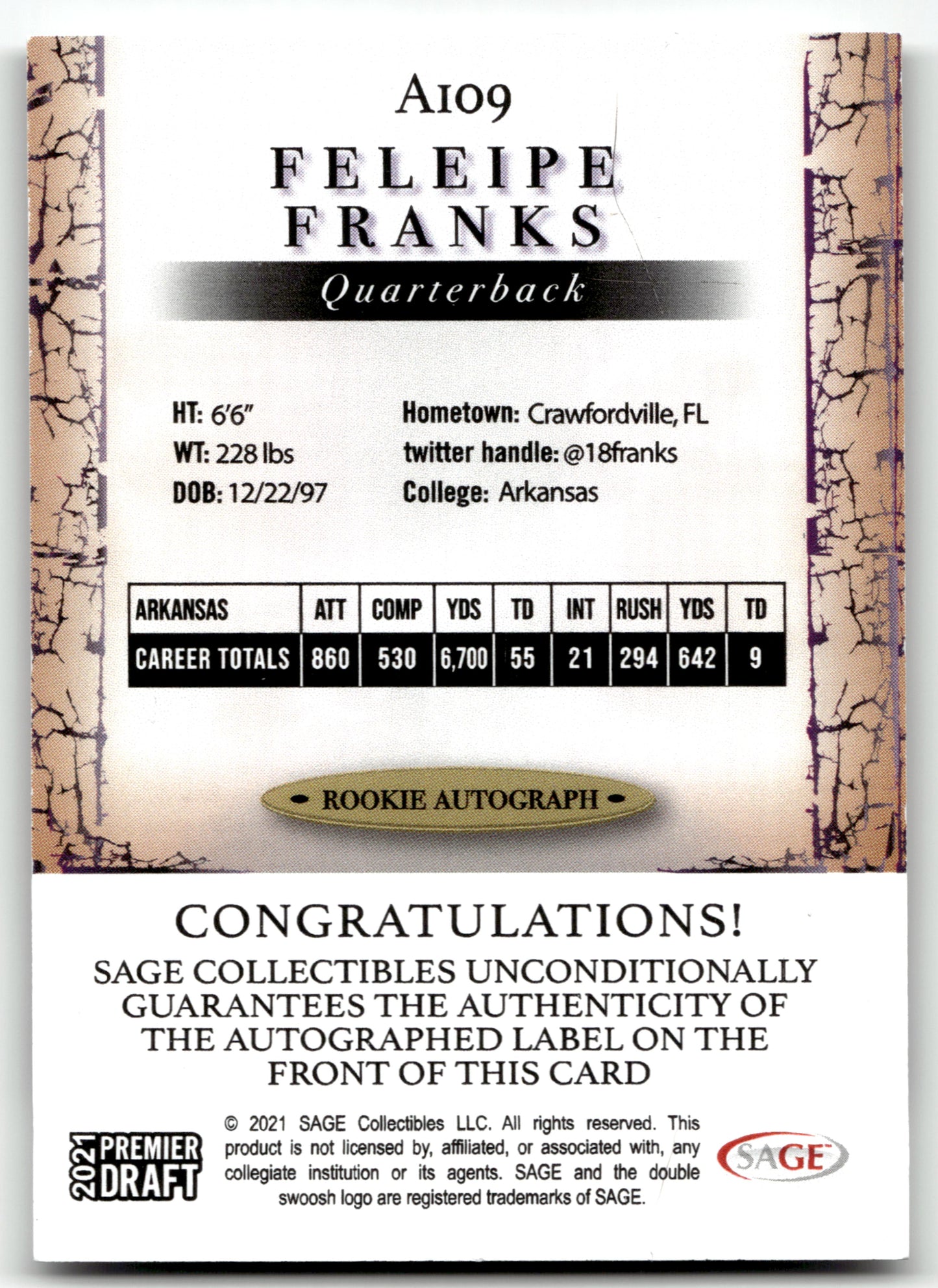 Feleipe Franks - #A109 - 2021 SAGE Premier Draft - Sage