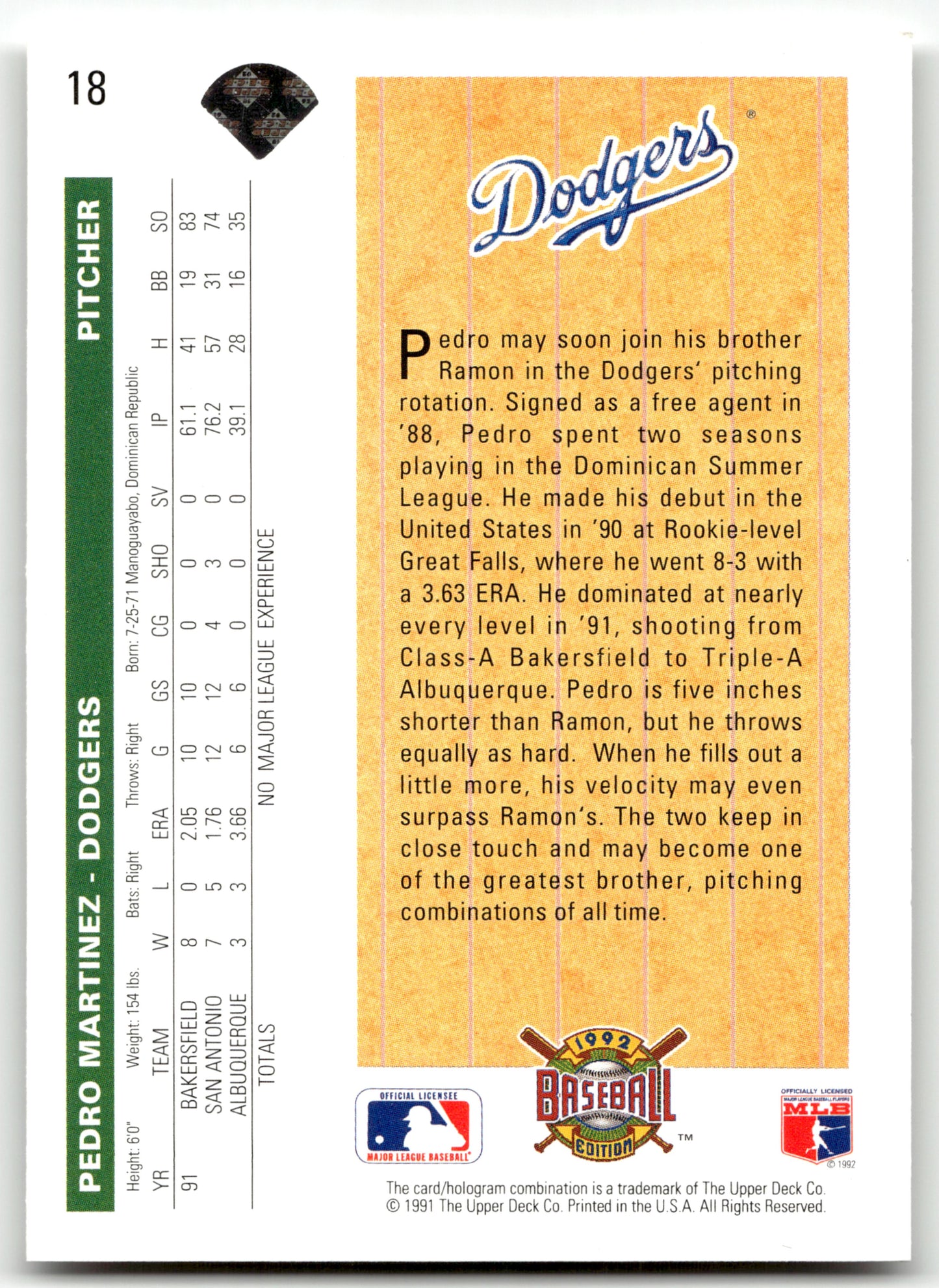 Pedro Martinez - #18 - 1992 Upper Deck - Upper Deck