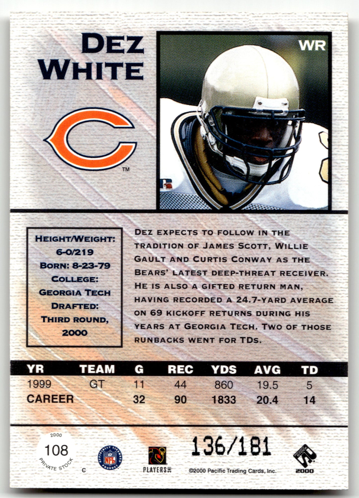 Dez White - #108 - 2000 Pacific Private Stock -