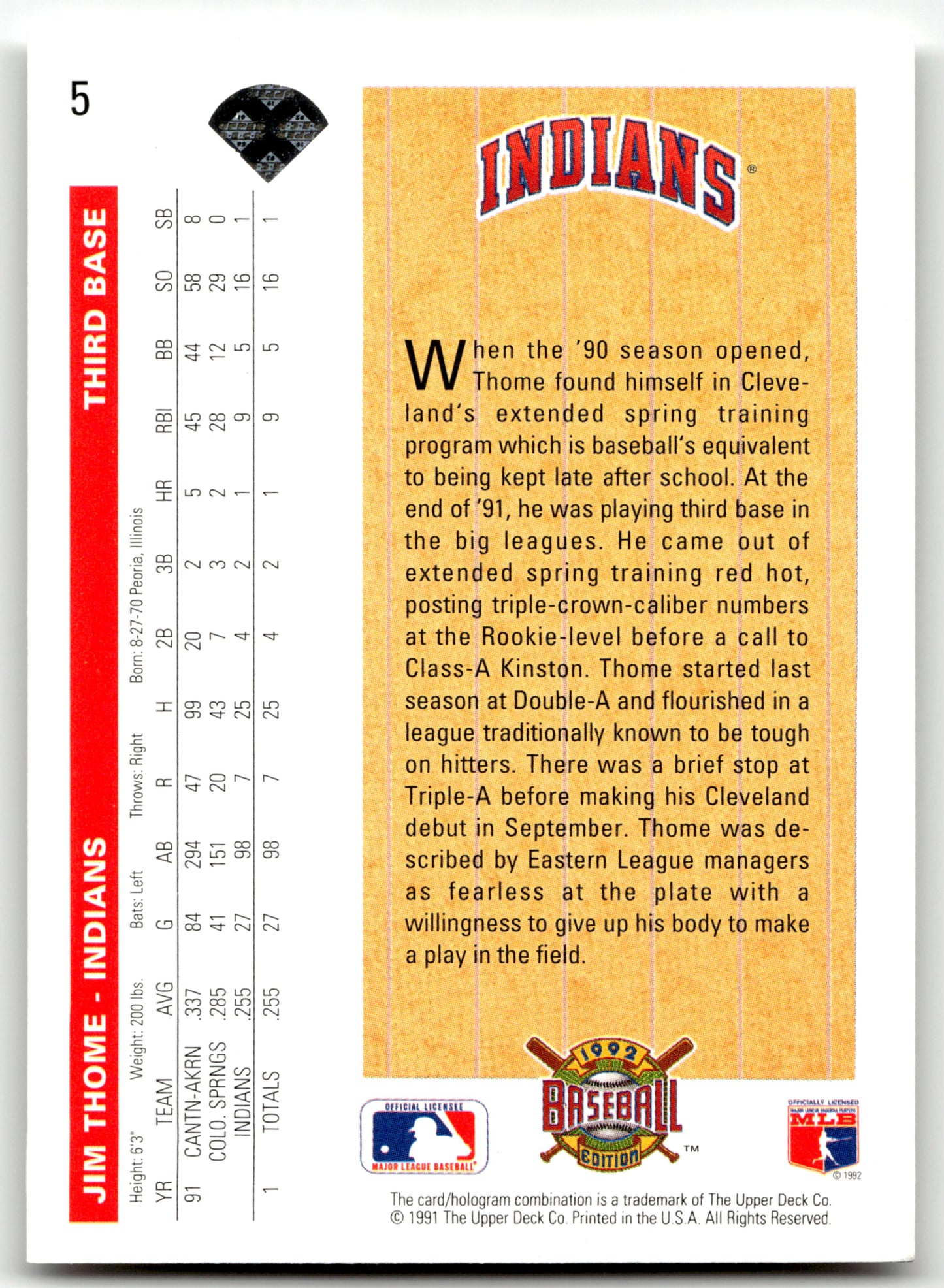 Jim Thome - #5 - 1992 Upper Deck - Upper Deck
