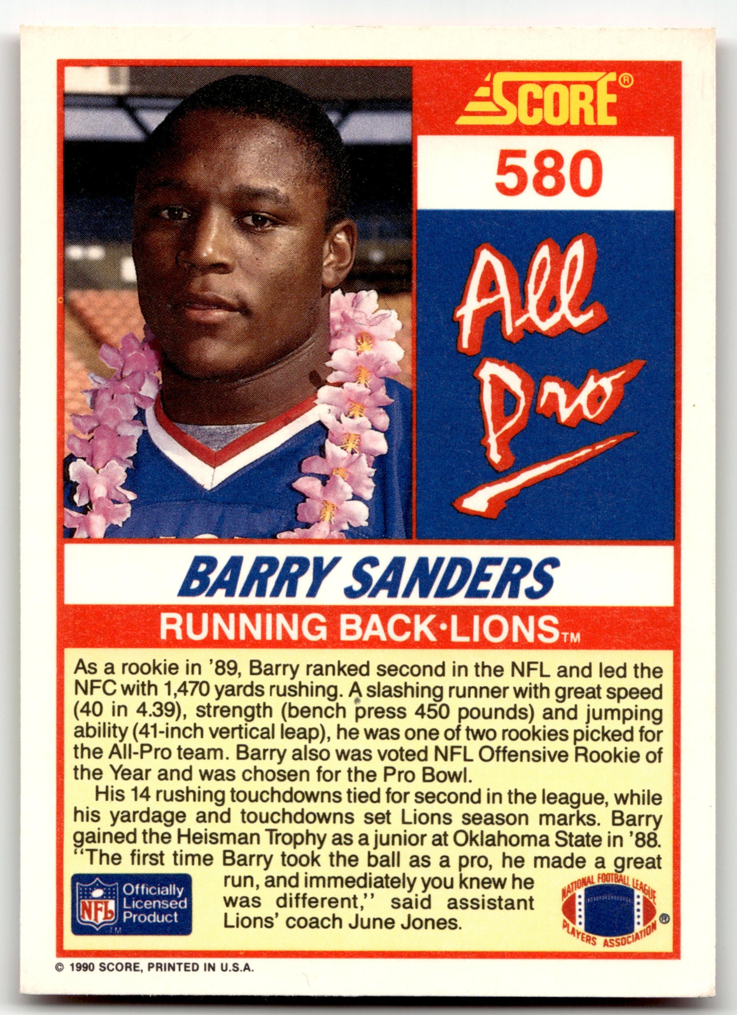 Barry Sanders - #580 - 1990 Score - Score