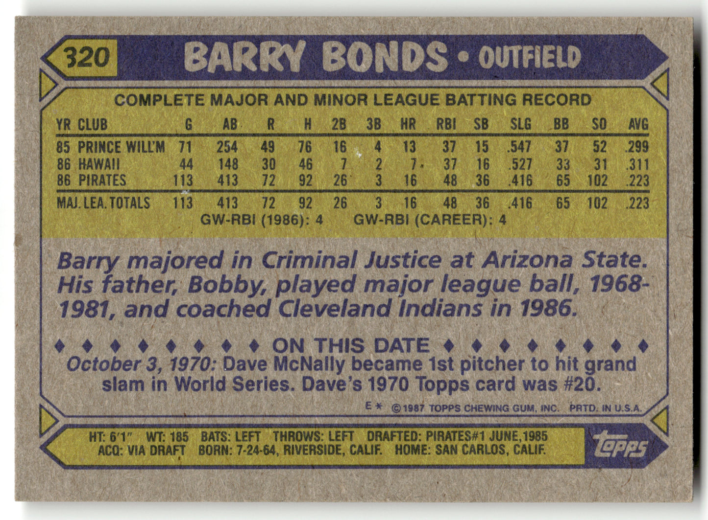 Barry Bonds - #320 - 1987 Topps - Topps