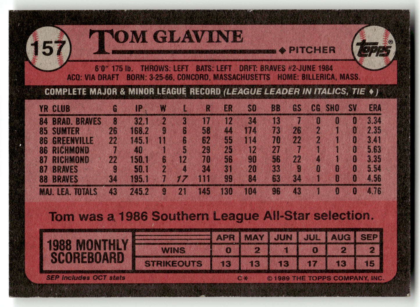 Tom Glavine - #157 - 1989 Topps - Topps