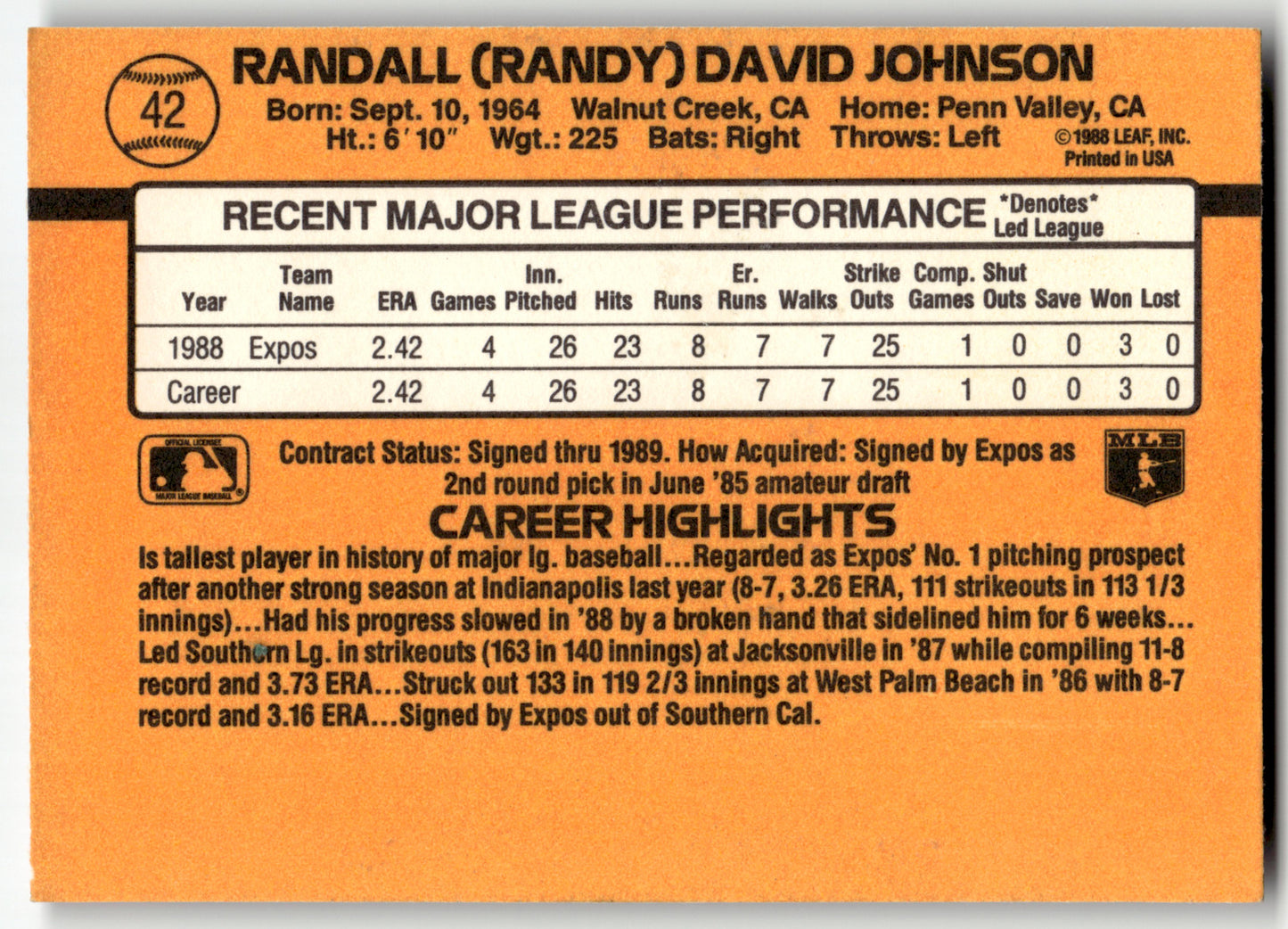 Randy Johnson - #42c - 1989 Donruss - Donruss