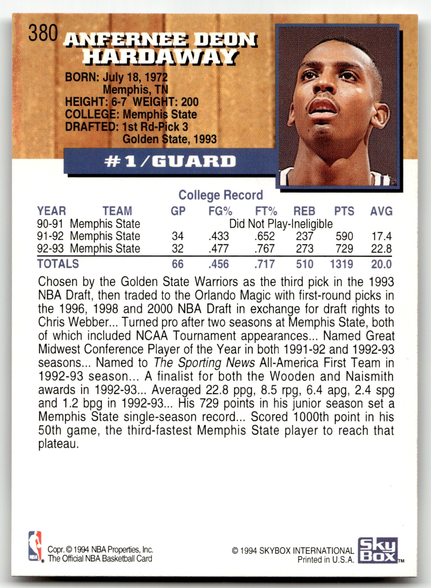 Anfernee Hardaway - #380 - 1993-94 Hoops -