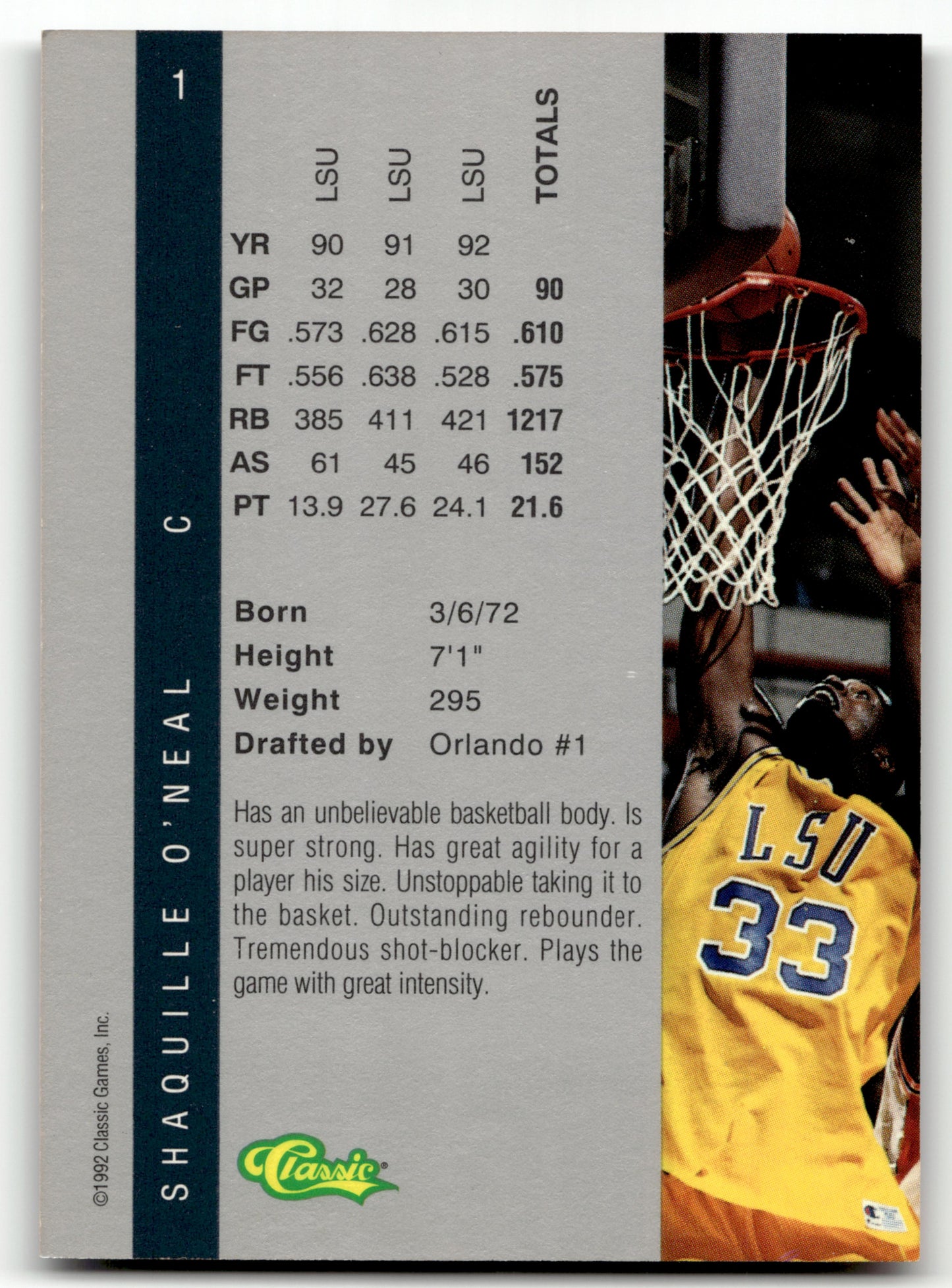 Shaquille O'Neal - #1 - 1992 Classic Four Sport -