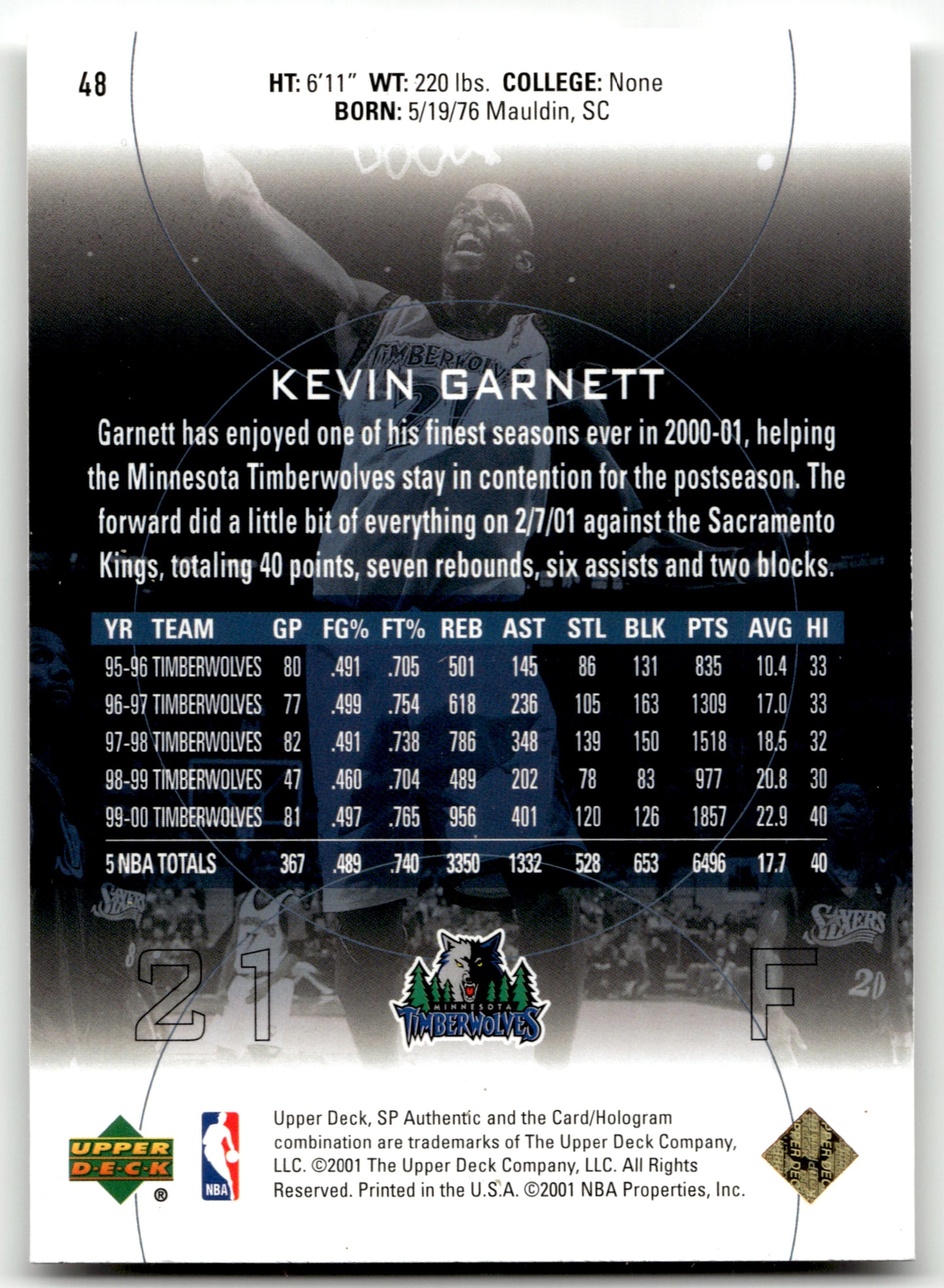 Kevin Garnett - #48 - 2000-01 SP Authentic -