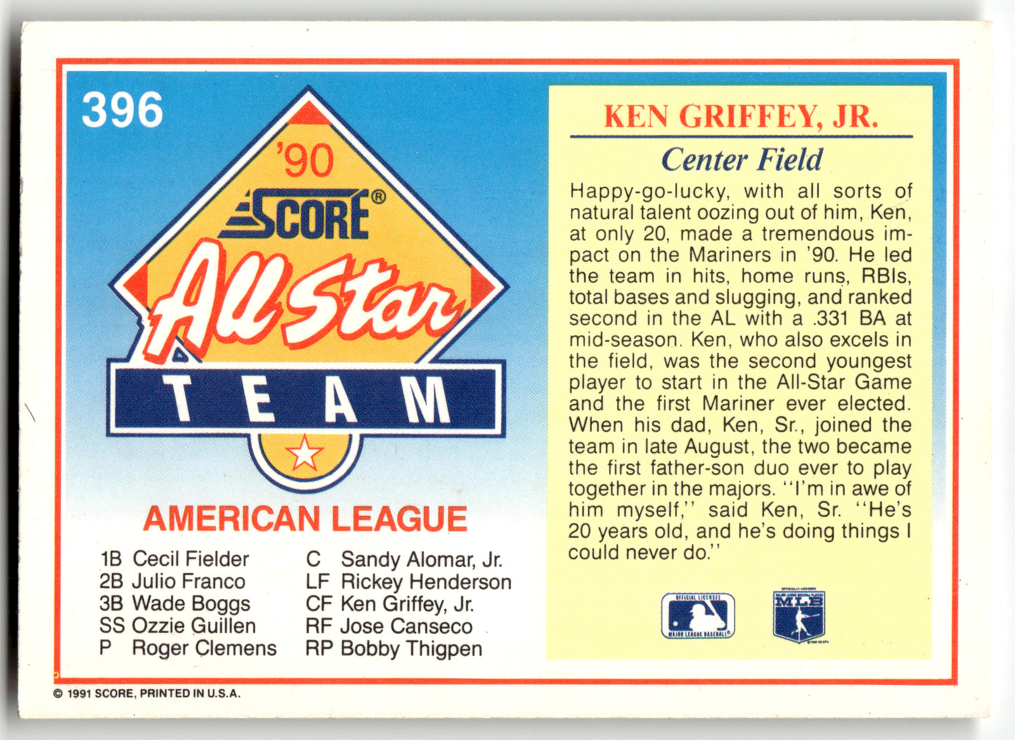 Ken Griffey, Jr. - #396 - 1991 Score - Score